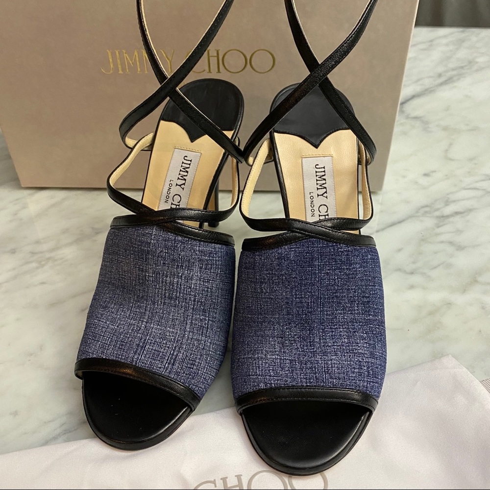 New JIMMY CHOO Flora Leather-trimmed Denim Sandals - Picture 4 of 8